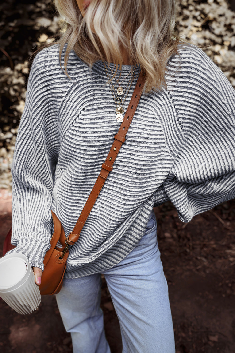Striped Print Ribbed Knit Boat Neck Baggy Sweater