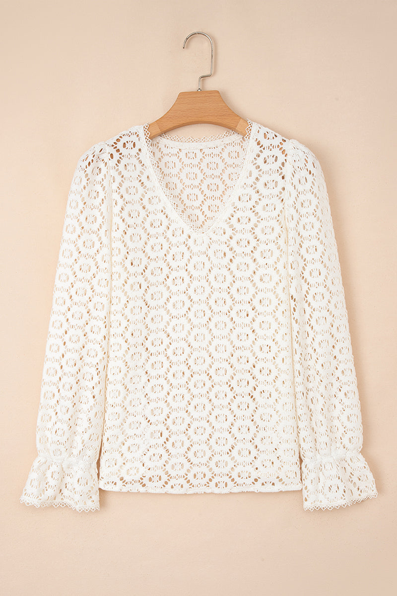 Flower Lace V Neck Ruffled Sleeve Top