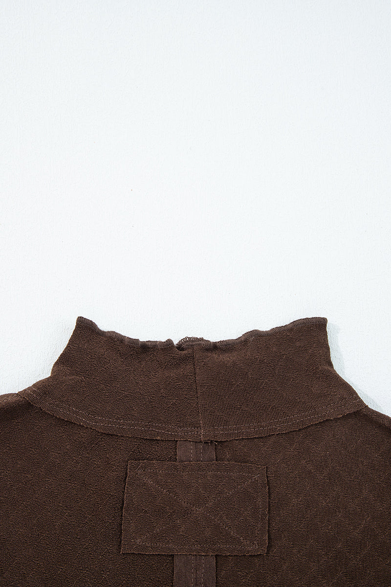 Brown Lettuce Trim Raw Seam Patchwork Jacquard Long Sleeve Top