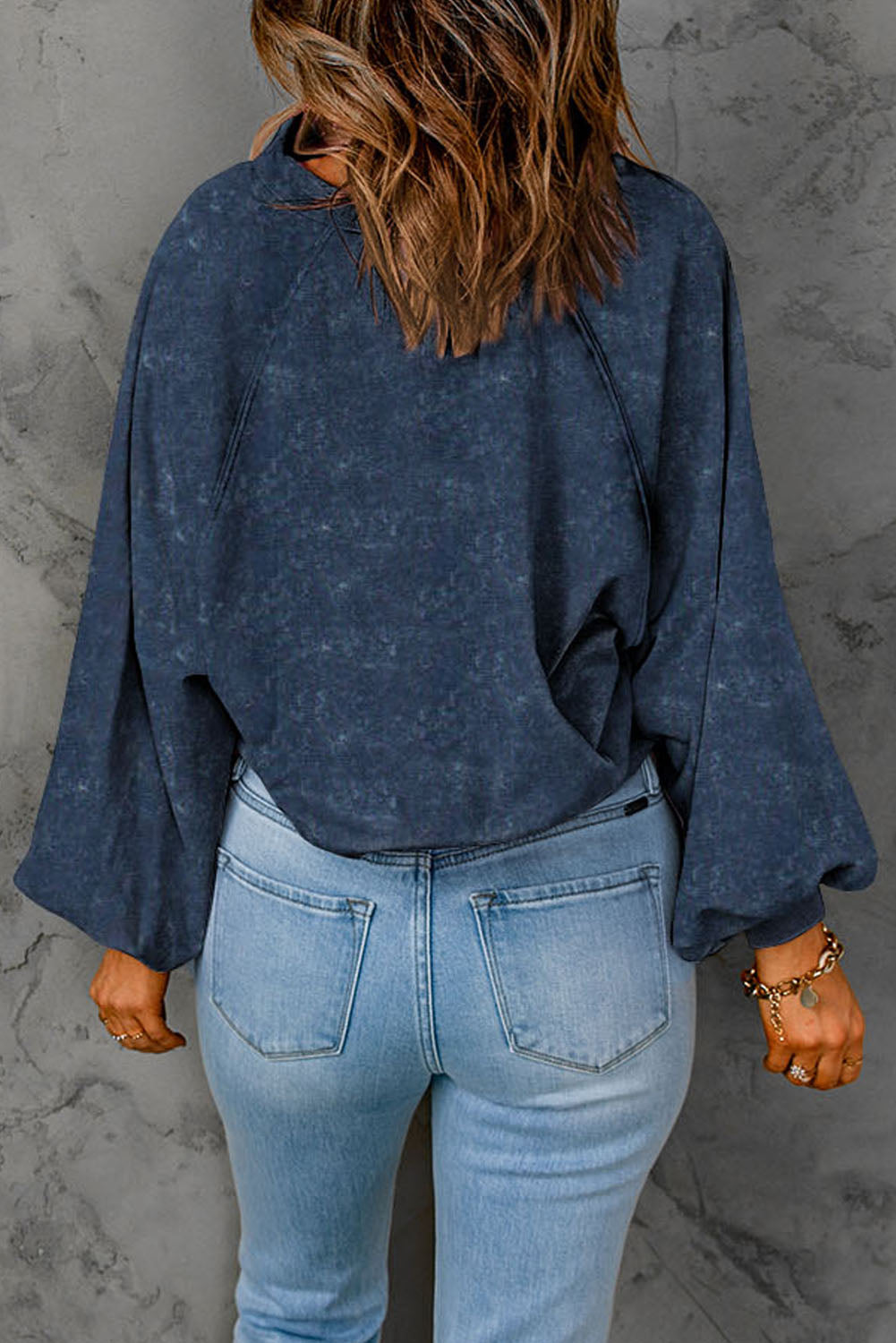 Solid Washed Snap Buttons Lantern Sleeve Pullover Sweatshirt