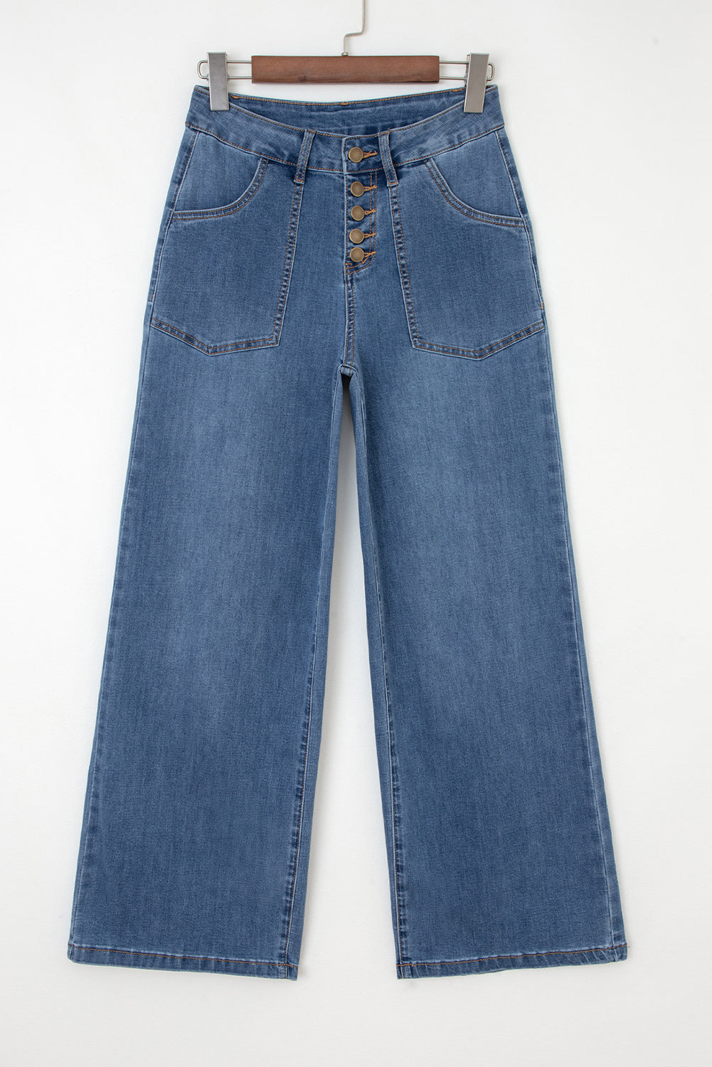 Multi Buttons High Waist Wide Leg Jeans With Pockets