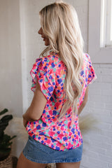 Abstract Print Ruffled Sleeve V Neck Blouse