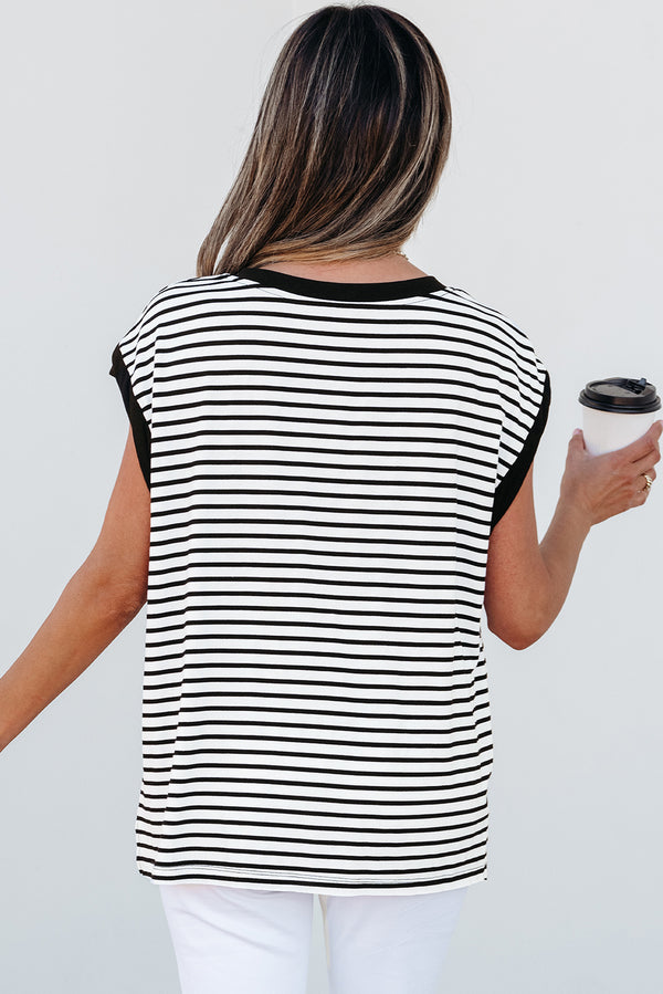Stripe Chest Pocket Patch Round Neck Tank Top