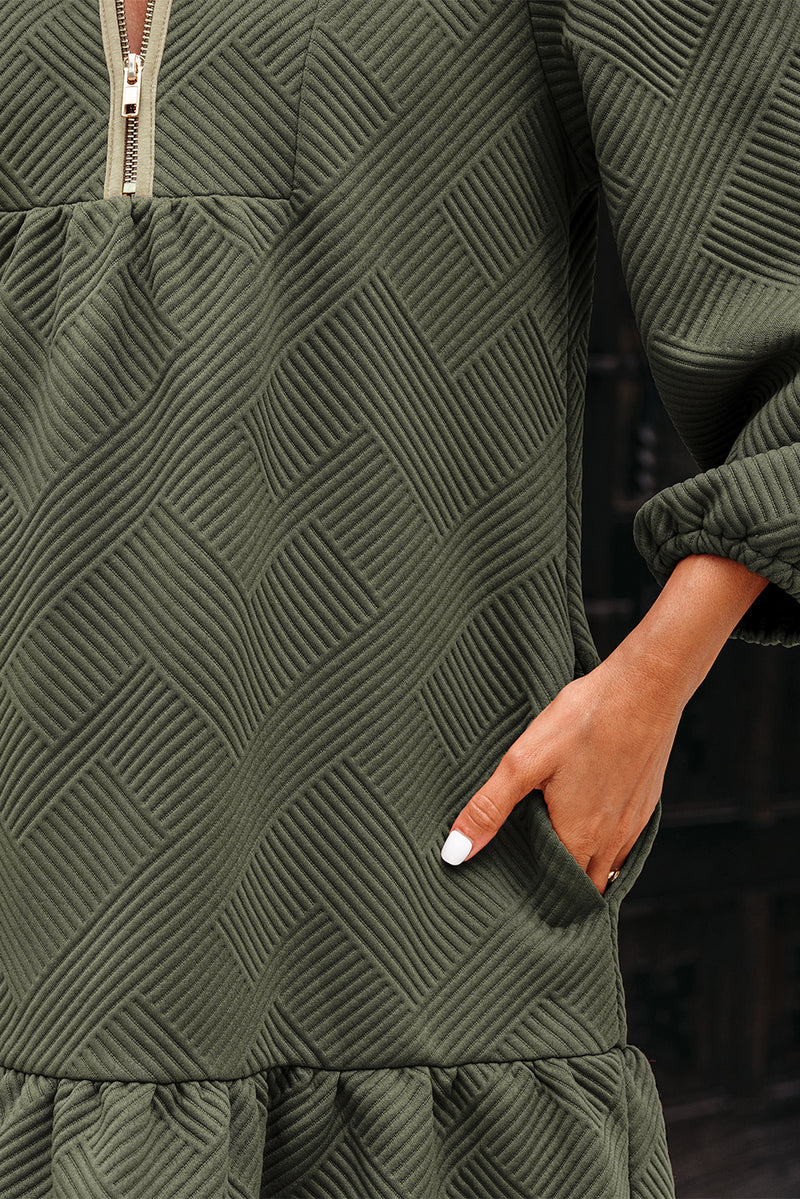 Quarter Zip Collar Bracelet Sleeve Textured Mini Dress