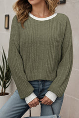 Ribbed Contrast Cuffed Round Neck Long Sleeve T Shirt