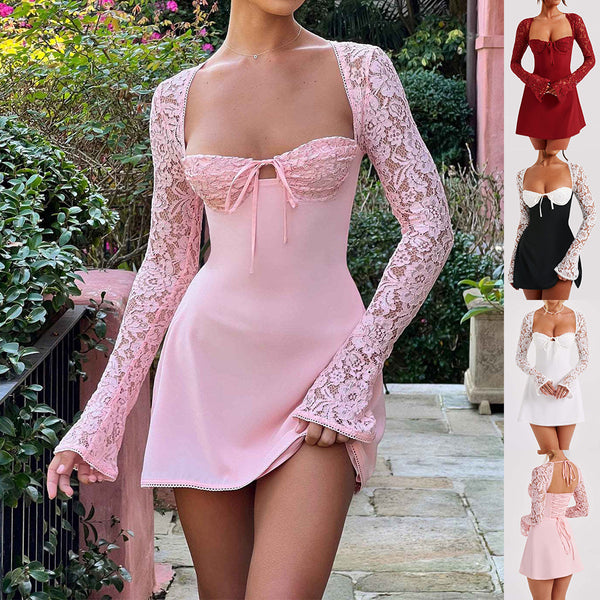 Lace Long Sleeve Dress Fashion Sexy Corset Backless Lace Up Short Dress