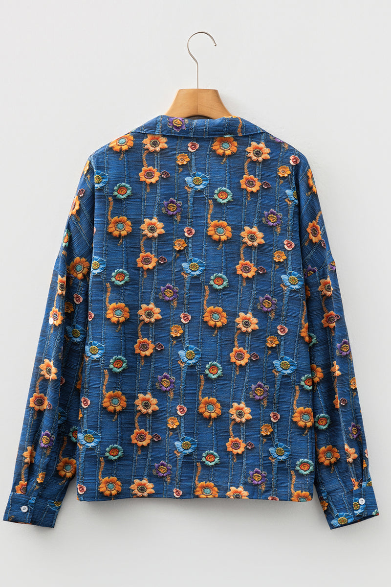 Blue Floral Collared V Neck Roll up Sleeve Shift Blouse