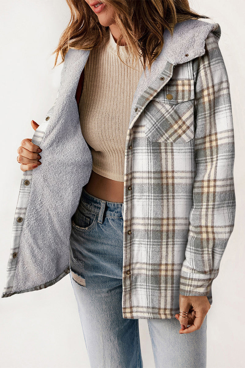 Coats and Jacket Plaid Pattern Sherpa Lined Hooded Shacket