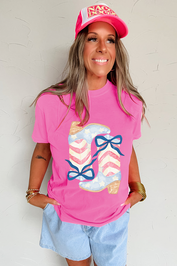 Flag Pattern Boots Bow Accent Casual Graphic Tee