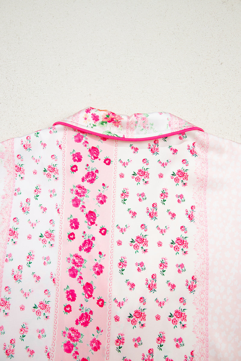 Mixed Floral Print Contrast Piping Trim Satin Tie 2pcs Pajama Set