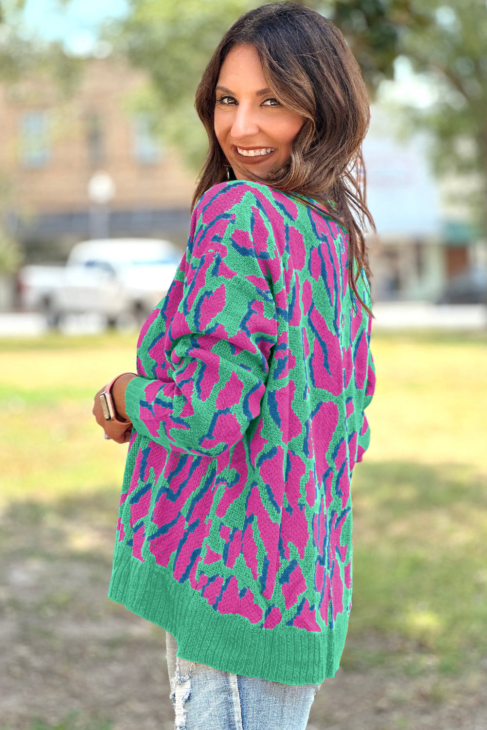 Multicoloured Abstract Print Ribbed Trim Baggy Sweater