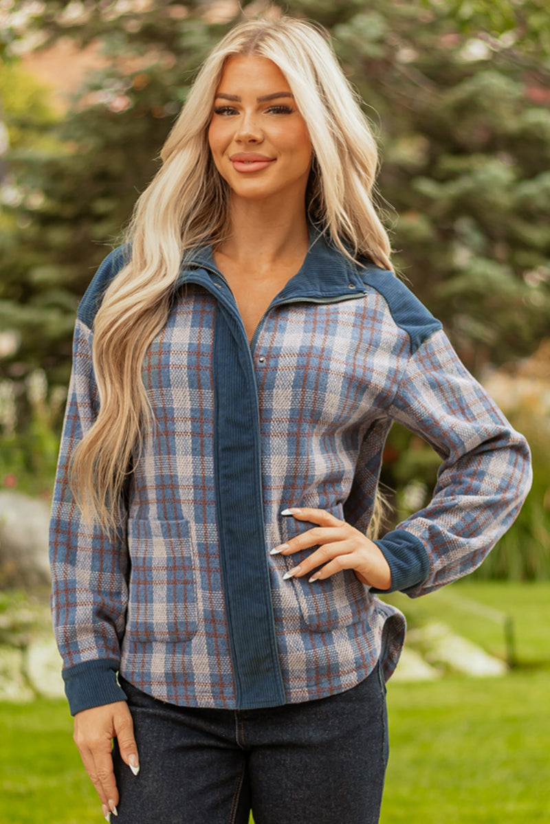 Plaid Corduroy Patchwork Collared Zip Up Snap Button Jacket
