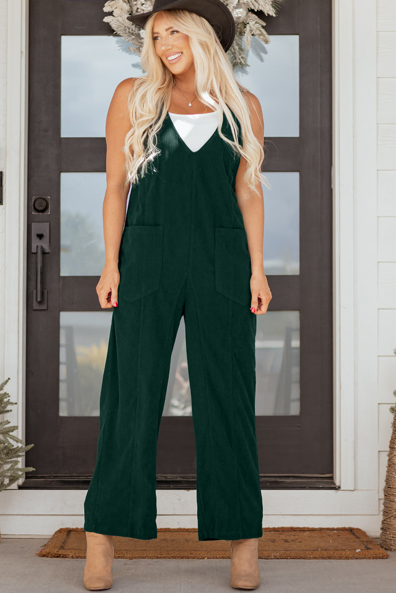 Corduroy V Neck Patched Pocket Sleeveless Jumpsuit