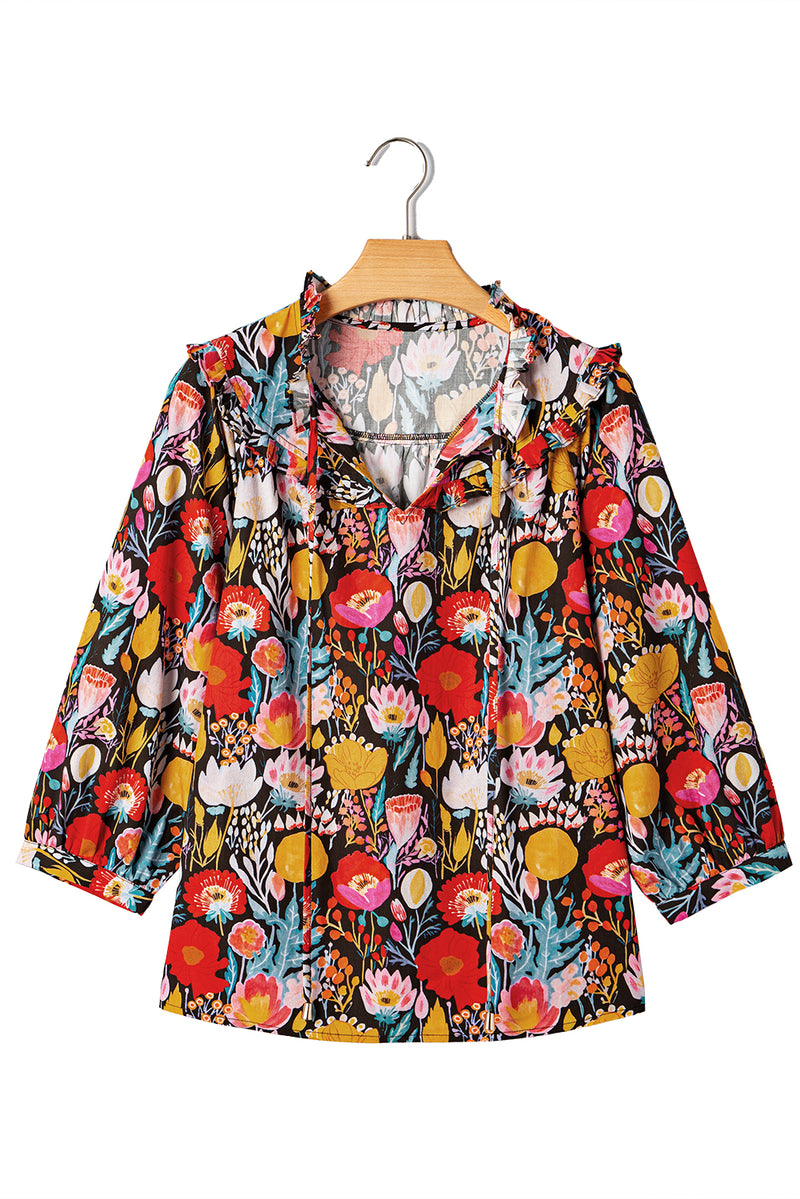 Floral 3/4 Puff Sleeve Tied Neck Blouse