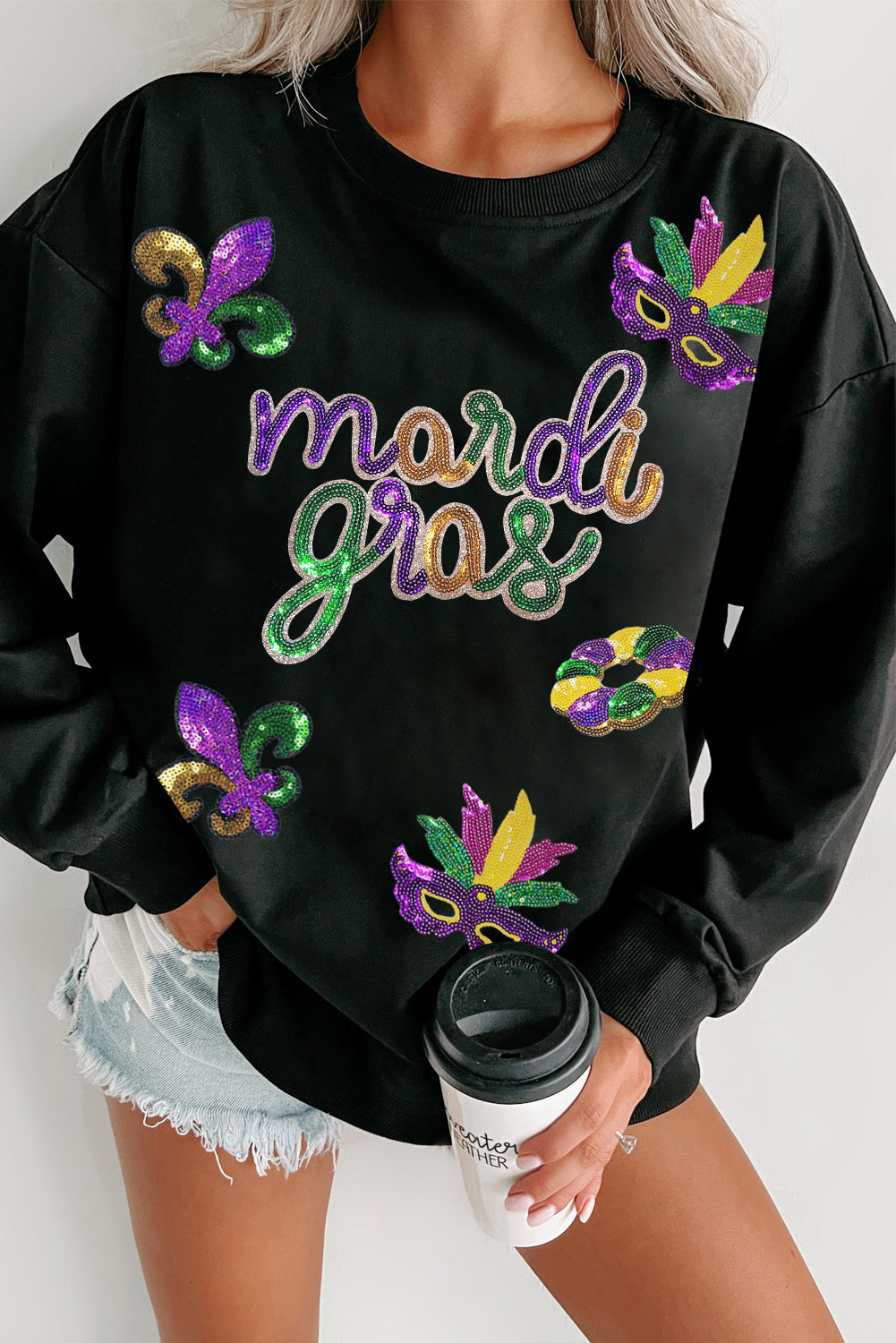 Sequin mardi gras Fleur de Lis Graphic Pullover Sweatshirt