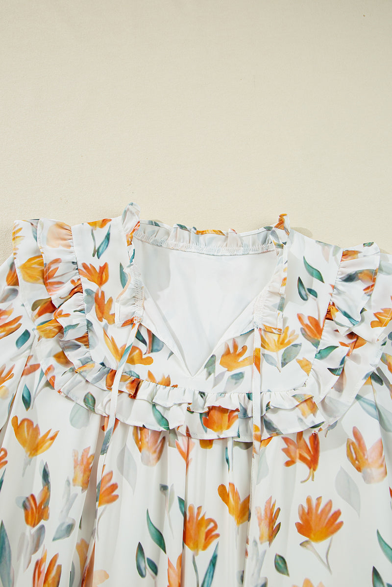 Floral Print Tie Neck Frilled Detail Long Sleeve Mini Dress