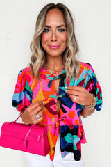 Abstract Floral Print Front Tied Puff Sleeve Babydoll Blouse