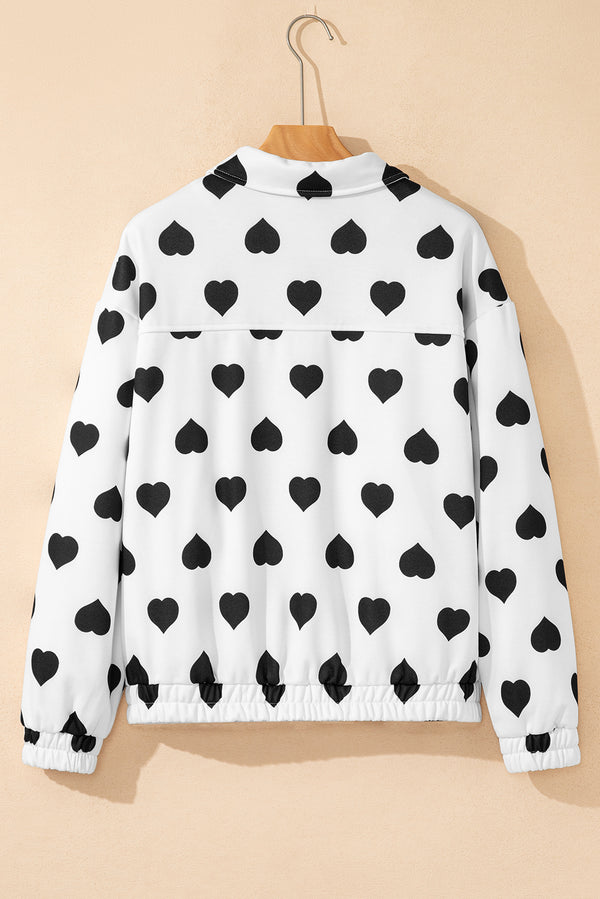 Double Flap Pocket Heart Print Collar Zip Jacket
