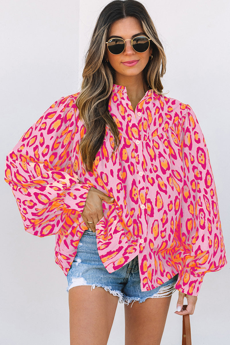 French Oversized Leopard Print Balloon Sleeve Casual Shirt