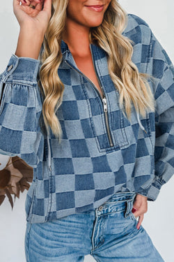 Checkerboard Zipped Neck Kangaroo Pocket Denim Hoodie