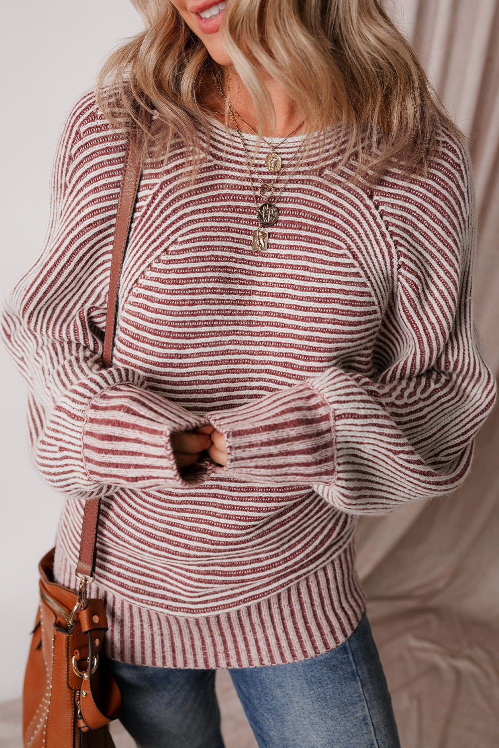 Red Striped Print Ribbed Knit Boat Neck Baggy Sweater