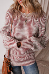Red Striped Print Ribbed Knit Boat Neck Baggy Sweater