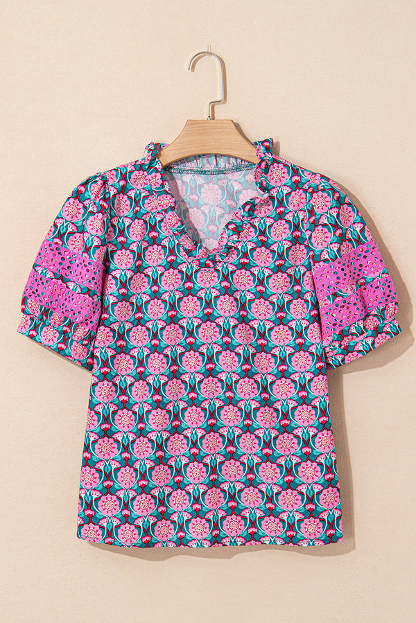 V-Neck Ruffle Abstract Floral Print Puff Sleeve Top
