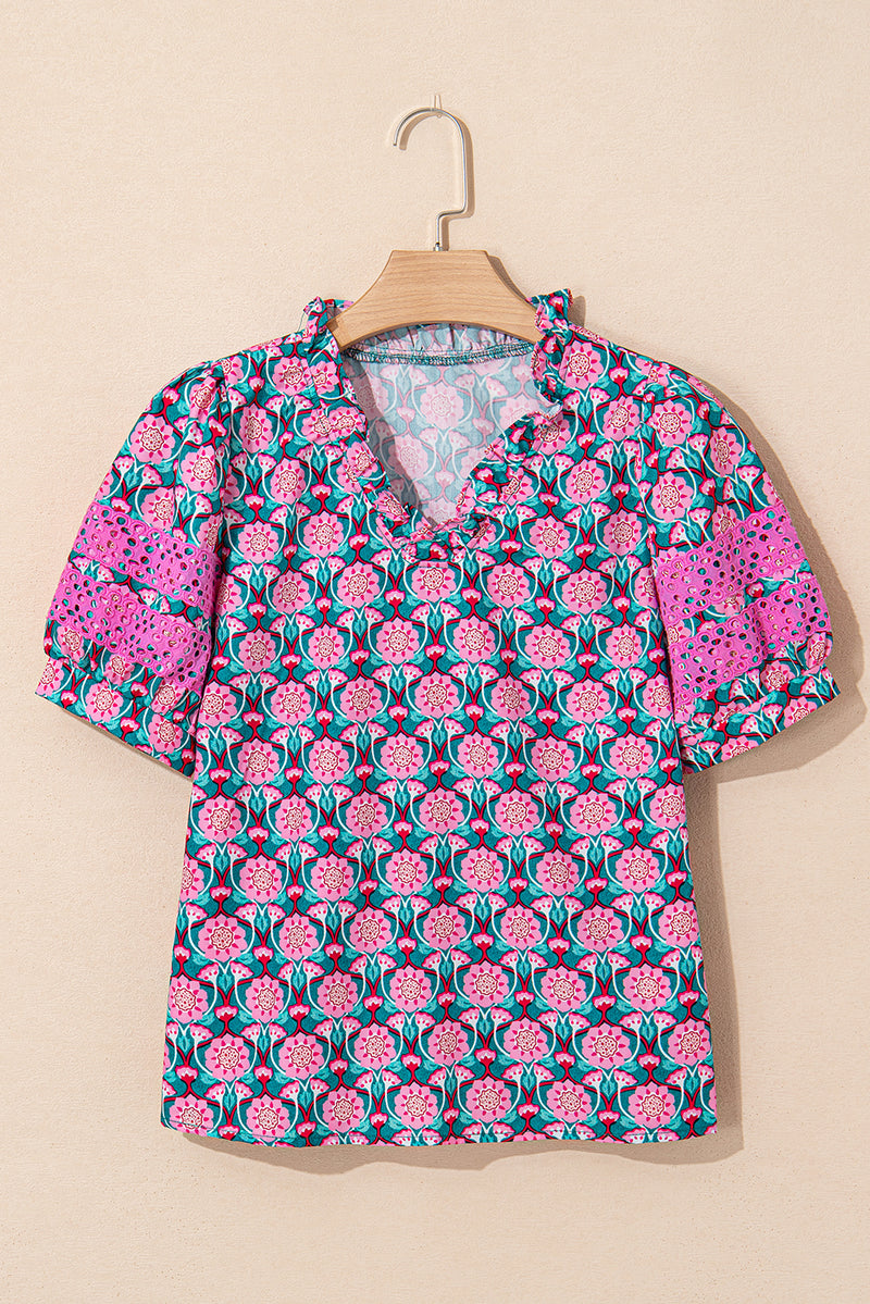 V-Neck Ruffle Abstract Floral Print Puff Sleeve Top