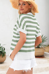 Stripe V Neck Short Sleeve Sweater with Side Slits