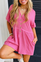 Spiral Ribbed Short Sleeve V Neck Buttoned Romper with Pocket