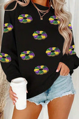 Sequined Donuts of Mardi Gras Colors Drop Shoulder Sweatshirt