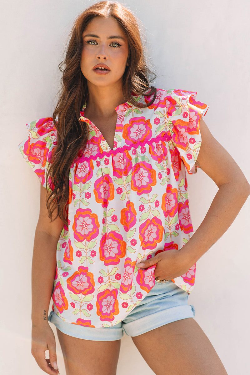 Floral Ruffled Sleeve Ric-rac Trim Split Neck Loose Blouse