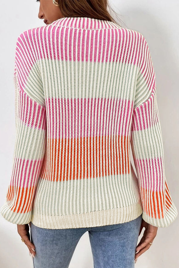 Soft Color block Textured Knit Bubble Sleeve Sweater
