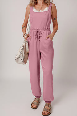 Lace-up Elastic Waist Sleeveless Square Neck Jumpsuit