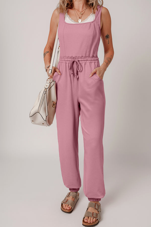 Lace-up Elastic Waist Sleeveless Square Neck Jumpsuit