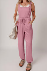 Lace-up Elastic Waist Sleeveless Square Neck Jumpsuit