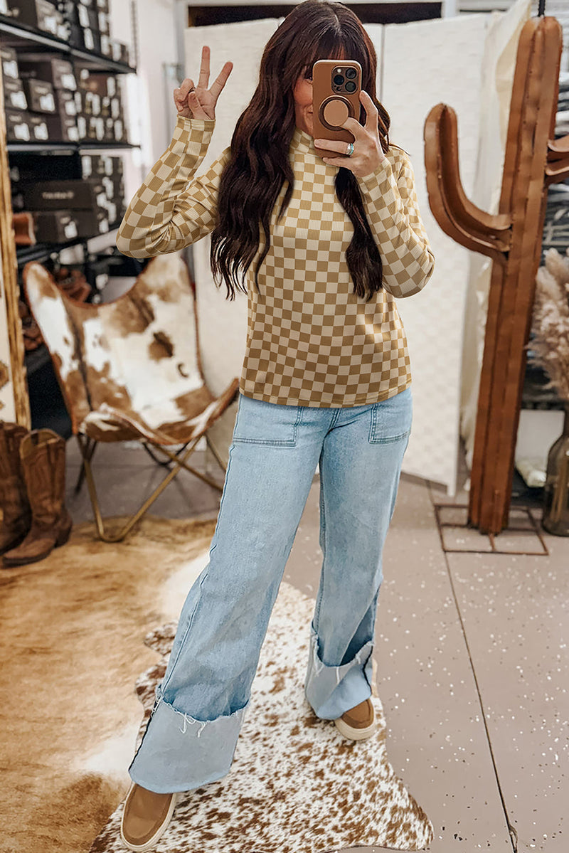 Khaki Check Pattern Turtleneck Ribbed Slim Long Sleeve Tee