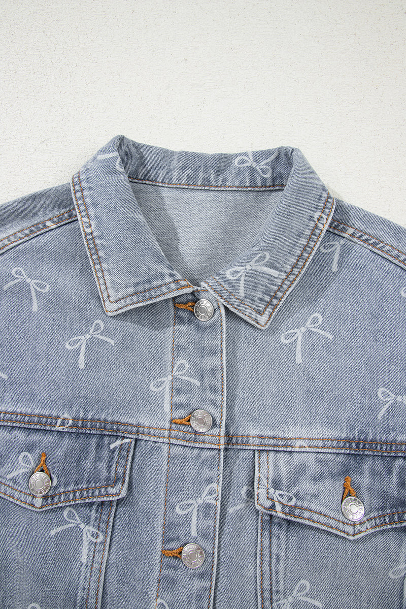 Bow Knot Print Light Wash Raw Hem Denim Jacket