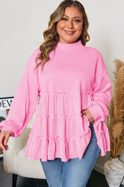 Tiered Ruffle Ribbed Crew Neck Pullover Plus Size Top
