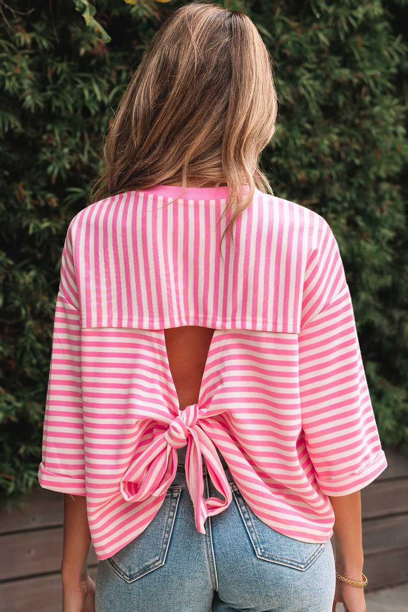 Stripe Bowknot Cutout Back Drop Shoulder Wide Bracelet Sleeve Loose Tee