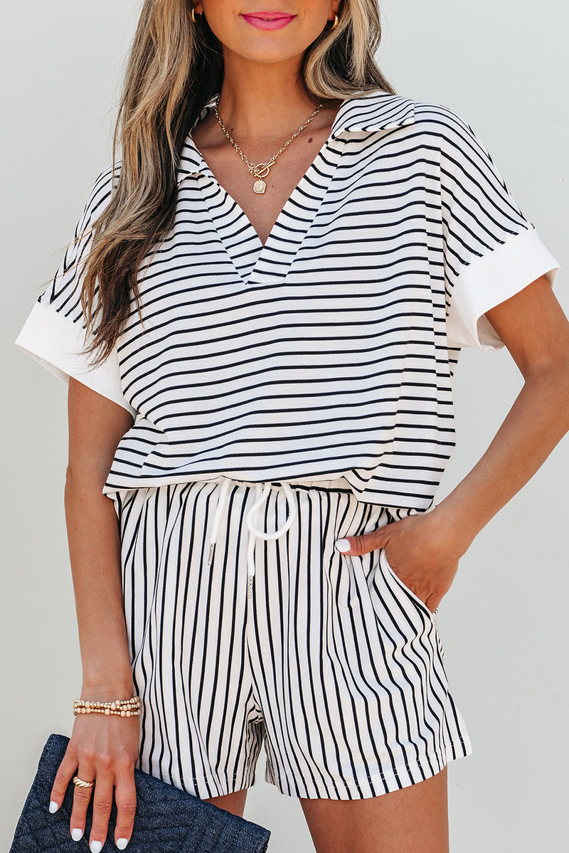 Stripe V Neck Tee and Casual Short Set
