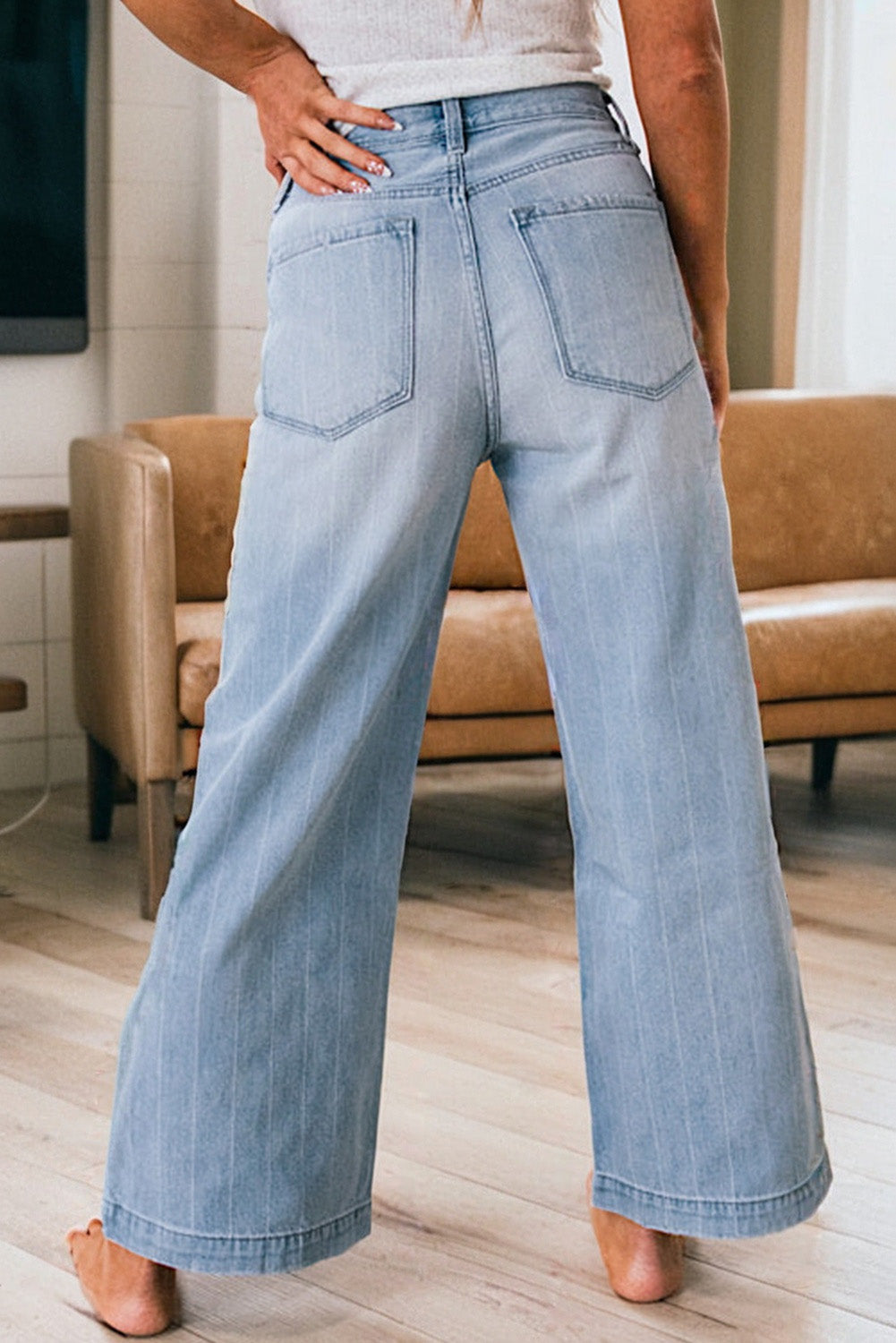 Multi Buttons Pinstripe Wide Leg Jeans