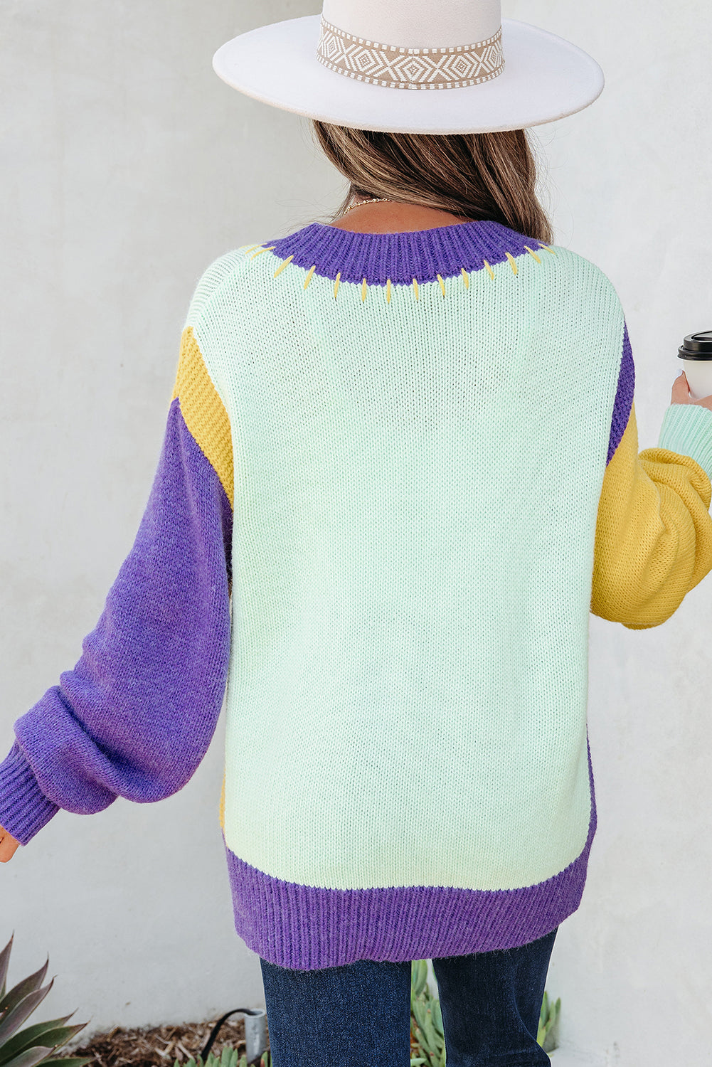 Stitched V Neck Color Block Knitted Drop Shoulder Sweater