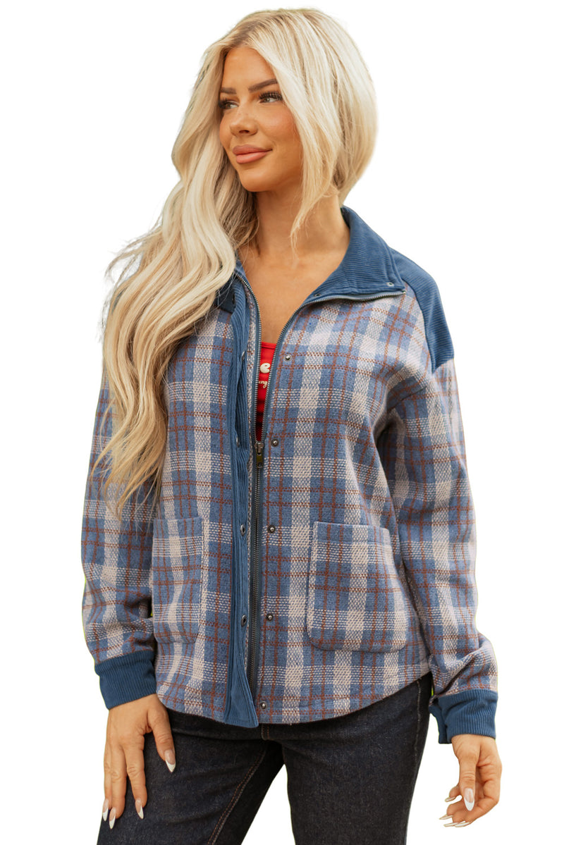 Plaid Corduroy Patchwork Collared Zip Up Snap Button Jacket