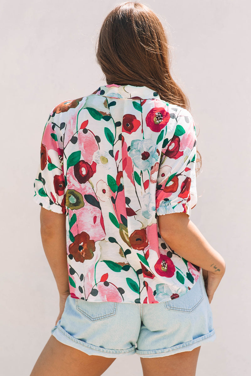 Floral Print Slit V Neck Short Sleeve Blouse