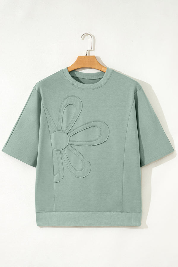 Clearly Aqua Floral Patched Half Sleeve Tunic Top