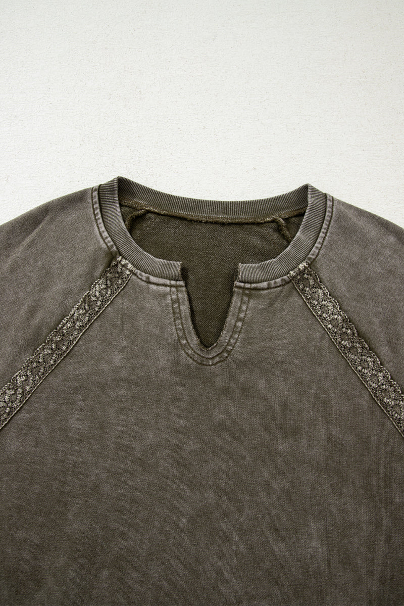 Lace Patchwork Detail Notched Neck Mineral Wash Baggy Sweatshirt