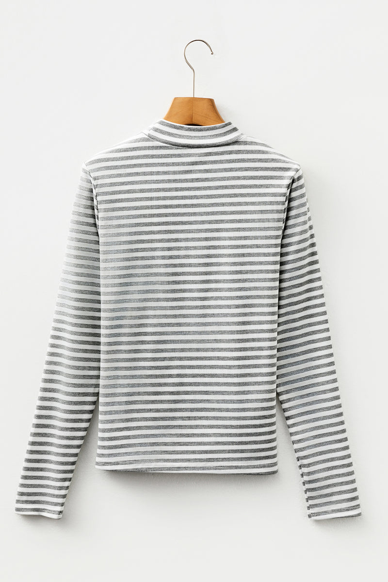 Stripe Ribbed High Neck Slim Fit Long Sleeve Top
