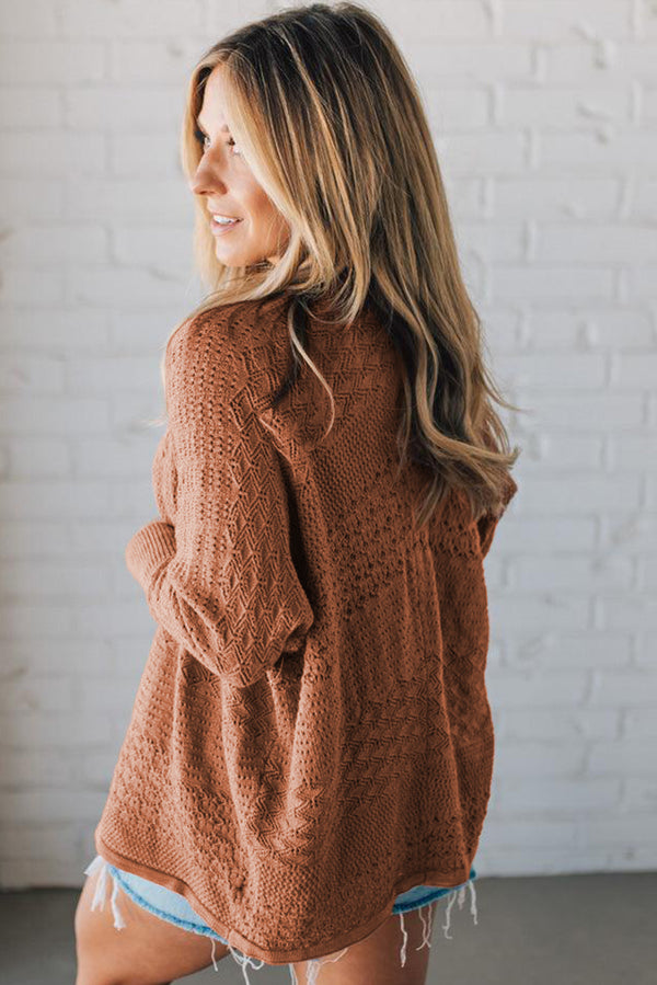 Brown Mix Pattern Hollowed Knit Open Front Cardigan