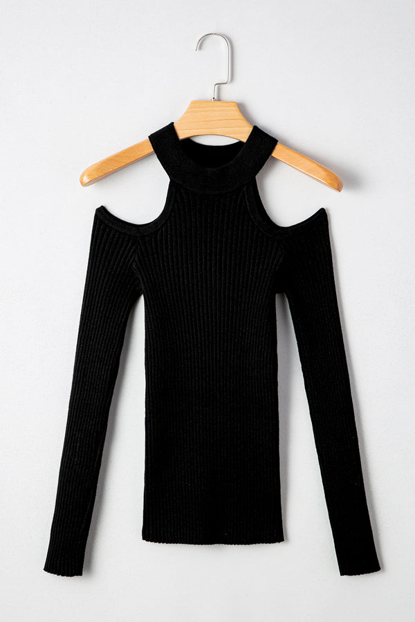 Ribbed Knit Cold Shoulder Choker Neck Sweater